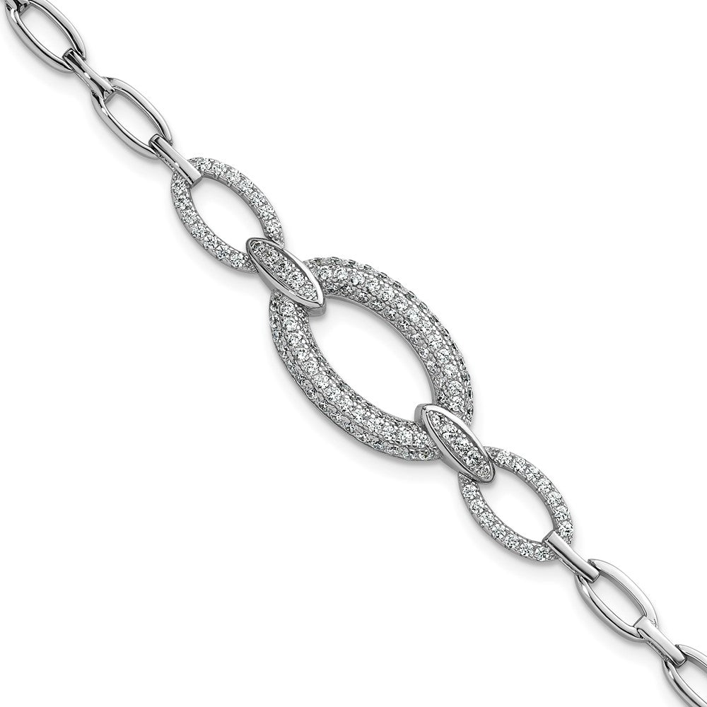 Sterling Silver Rhodium-Plated CZ Oval Link 7in Bracelet