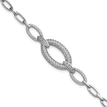 Sterling Silver Rhodium-Plated CZ Oval Link 7in Bracelet