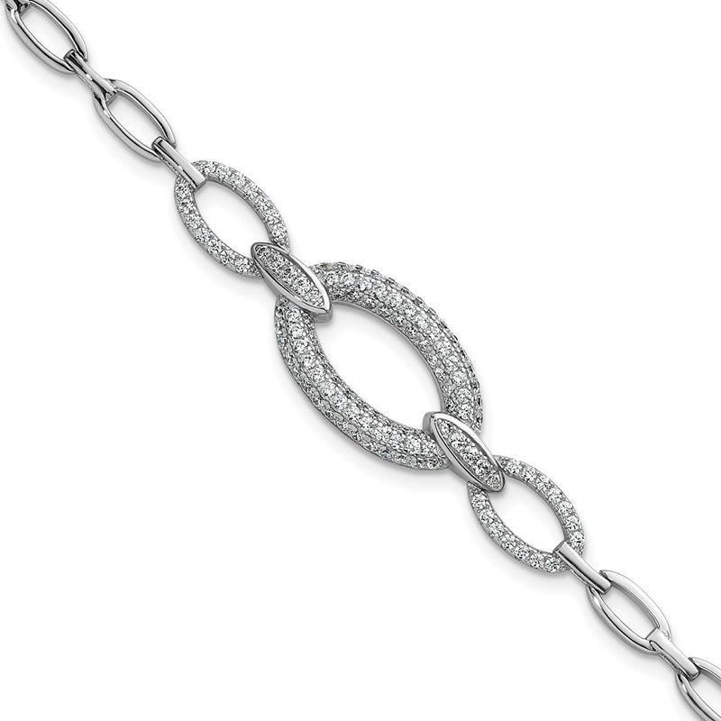Sterling Silver Rhodium-Plated CZ Oval Link 7in Bracelet