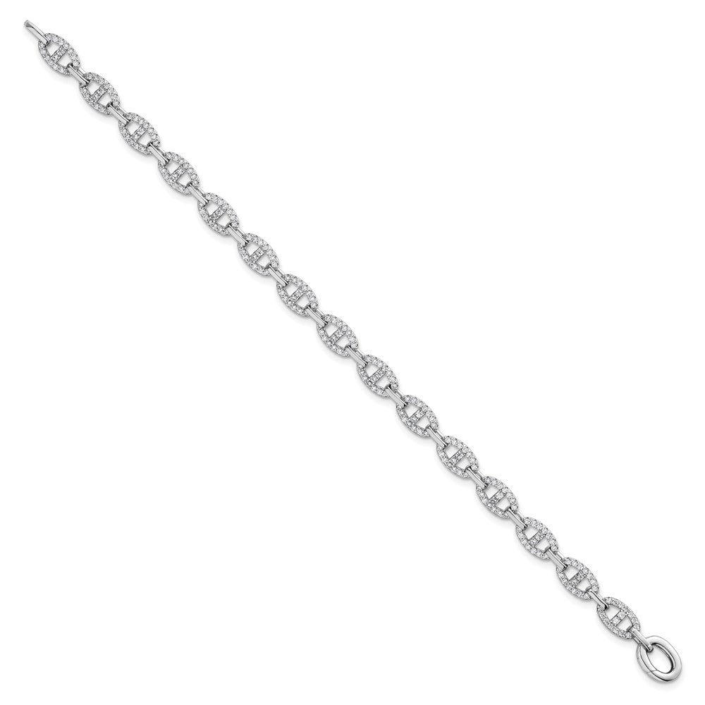 Sterling Silver Rhodium-Plated Polished CZ Anchor Link Bracelet