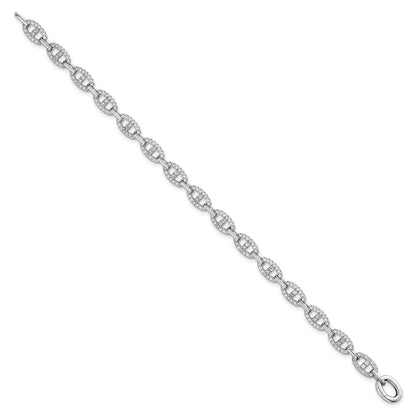 Sterling Silver Rhodium-Plated Polished CZ Anchor Link Bracelet