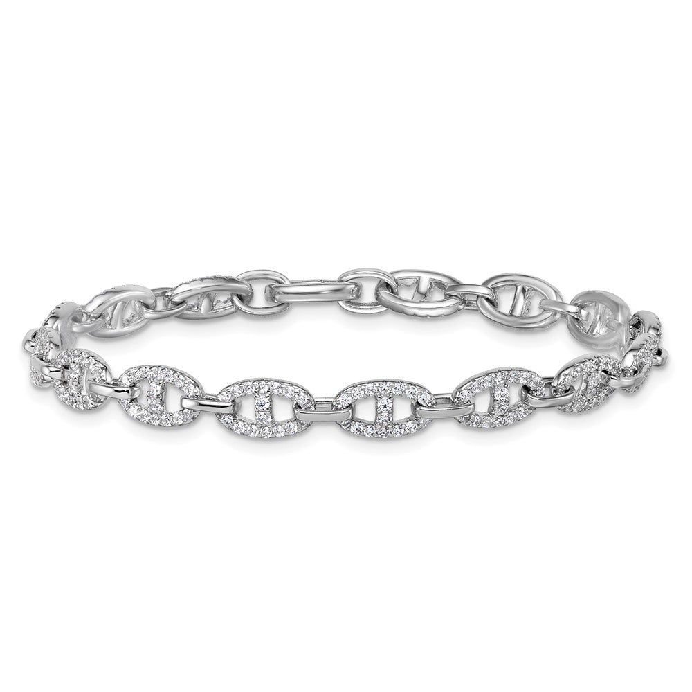 Sterling Silver Rhodium-Plated Polished CZ Anchor Link Bracelet