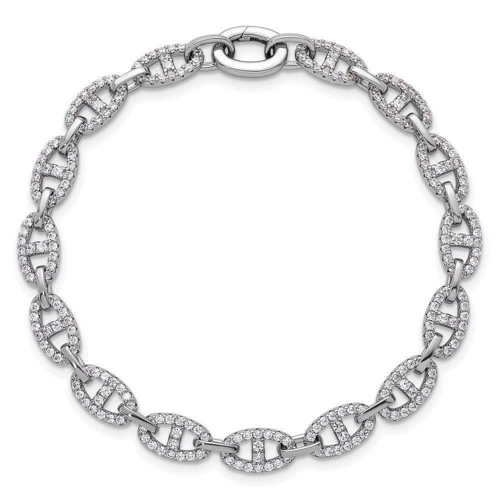 Sterling Silver Rhodium-Plated Polished CZ Anchor Link Bracelet