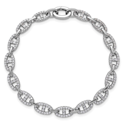 Sterling Silver Rhodium-Plated Polished CZ Anchor Link Bracelet