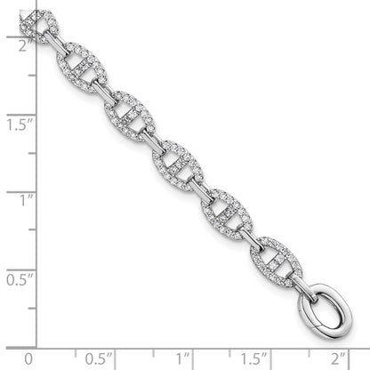 Sterling Silver Rhodium-Plated Polished CZ Anchor Link Bracelet