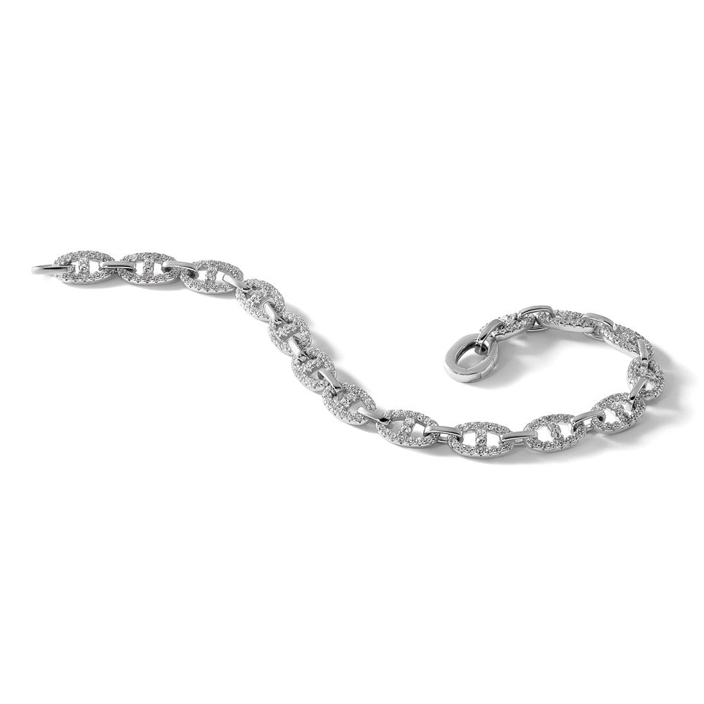 Sterling Silver Rhodium-Plated Polished CZ Anchor Link Bracelet