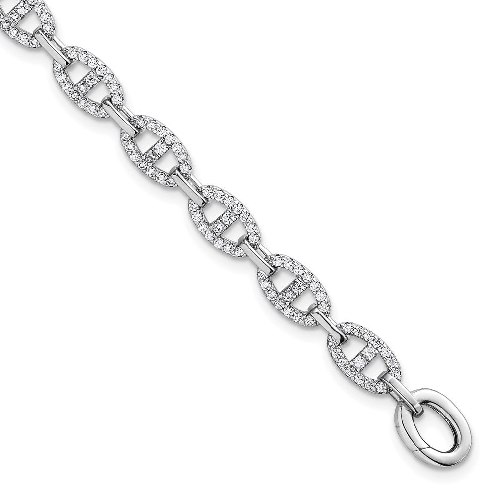 Sterling Silver Rhodium-Plated Polished CZ Anchor Link Bracelet