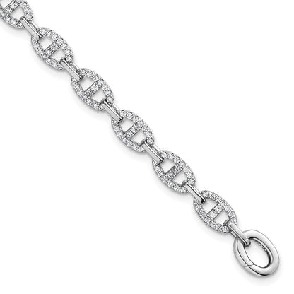 Sterling Silver Rhodium-Plated Polished CZ Anchor Link Bracelet