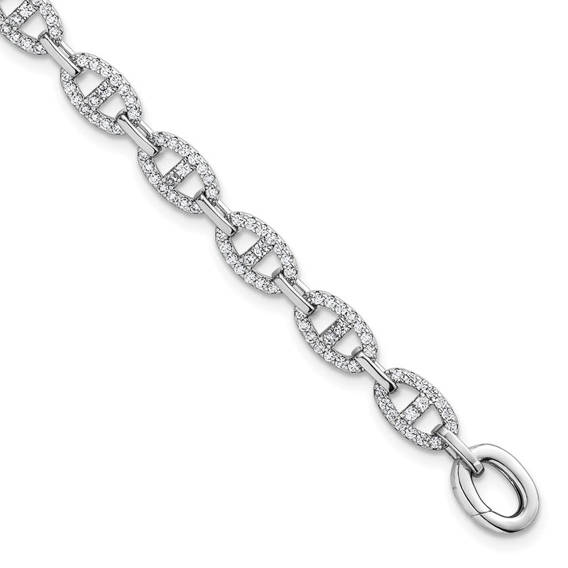 Sterling Silver Rhodium-Plated Polished CZ Anchor Link Bracelet