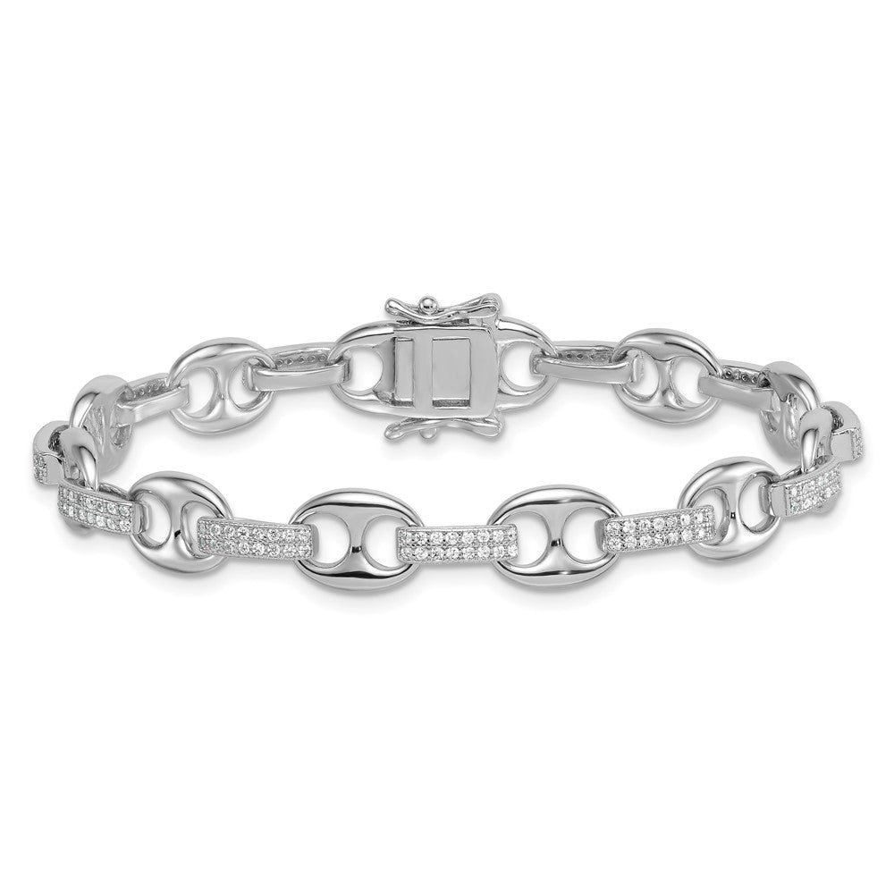 Sterling Silver Rhodium Plated Polished CZ Oval and Mariner Link 7in Bracelet