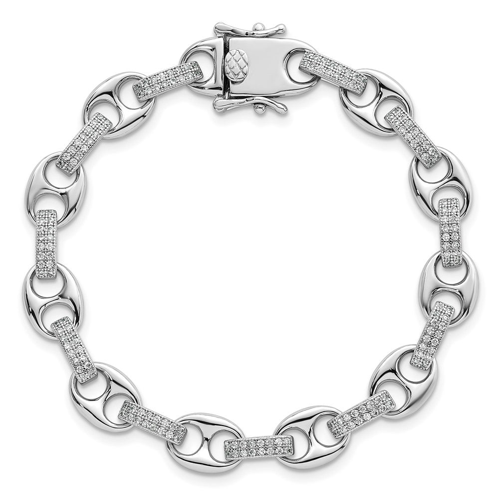 Sterling Silver Rhodium Plated Polished CZ Oval and Mariner Link 7in Bracelet
