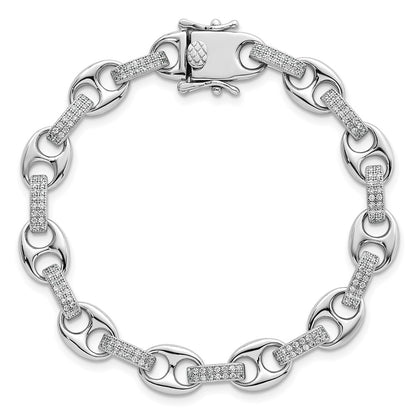 Sterling Silver Rhodium Plated Polished CZ Oval and Mariner Link 7in Bracelet
