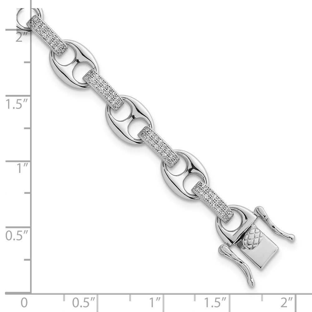 Sterling Silver Rhodium Plated Polished CZ Oval and Mariner Link 7in Bracelet