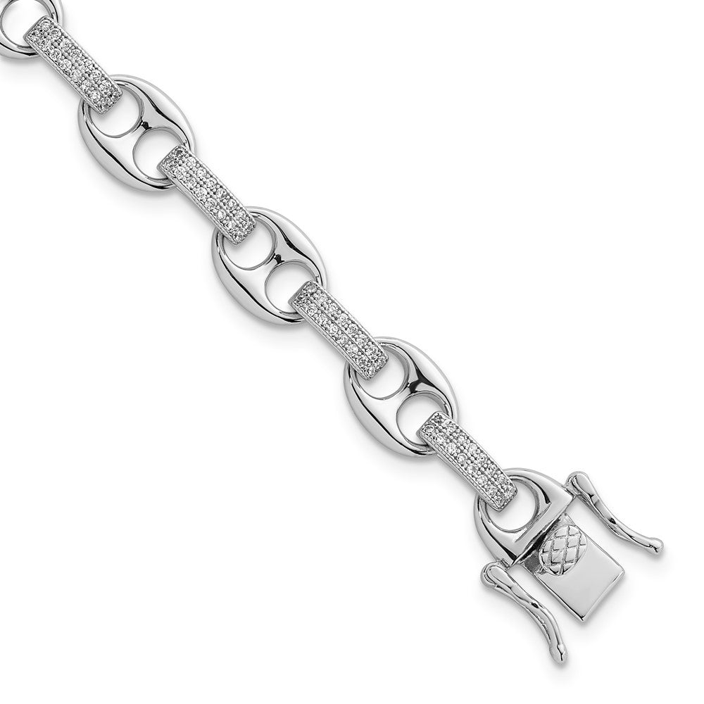 Sterling Silver Rhodium Plated Polished CZ Oval and Mariner Link 7in Bracelet