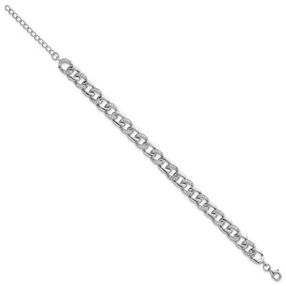 Sterling Silver Rhodium Plated Polished CZ 8mm Curb Link 7in W/ 1.5in Ext Bracelet