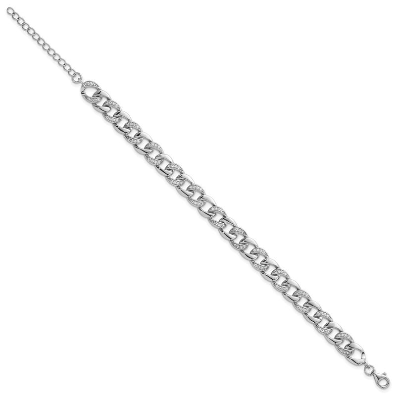 Sterling Silver Rhodium Plated Polished CZ 8mm Curb Link 7in W/ 1.5in Ext Bracelet