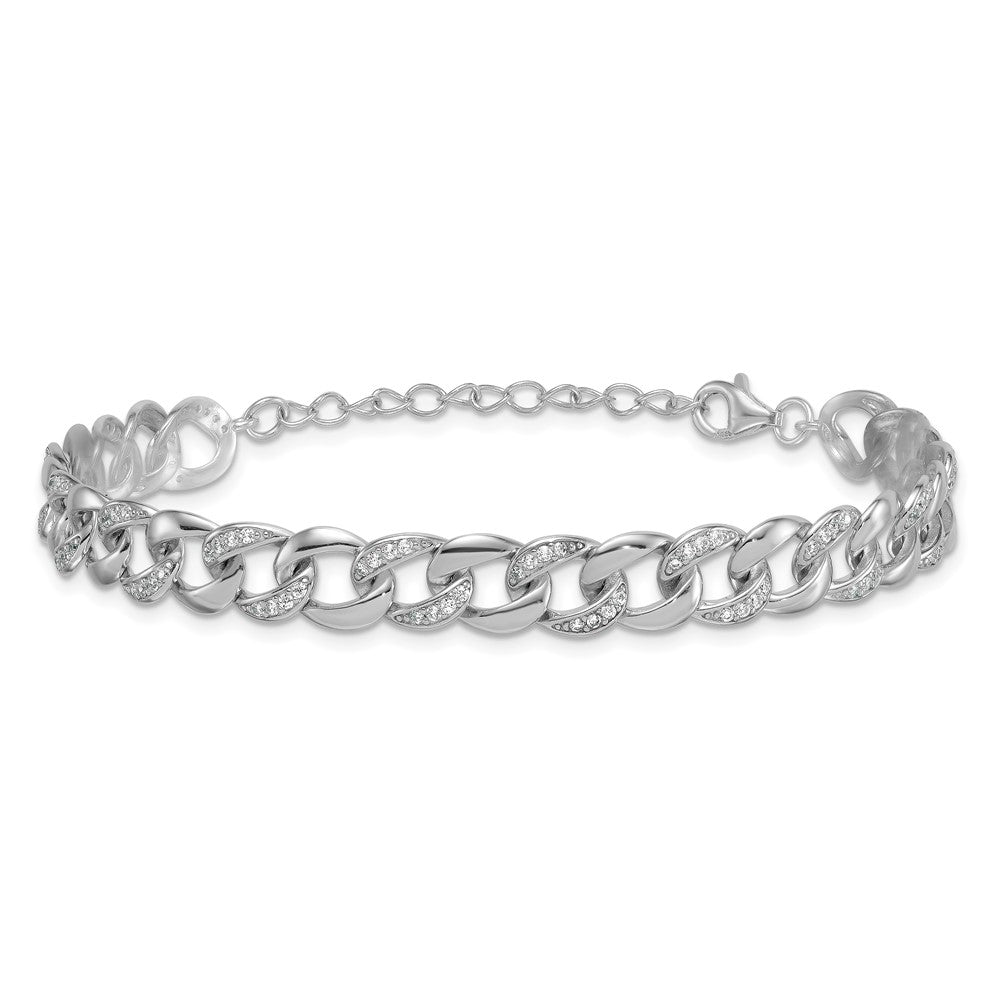 Sterling Silver Rhodium Plated Polished CZ 8mm Curb Link 7in W/ 1.5in Ext Bracelet