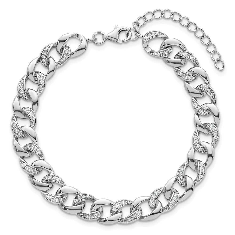 Sterling Silver Rhodium Plated Polished CZ 8mm Curb Link 7in W/ 1.5in Ext Bracelet