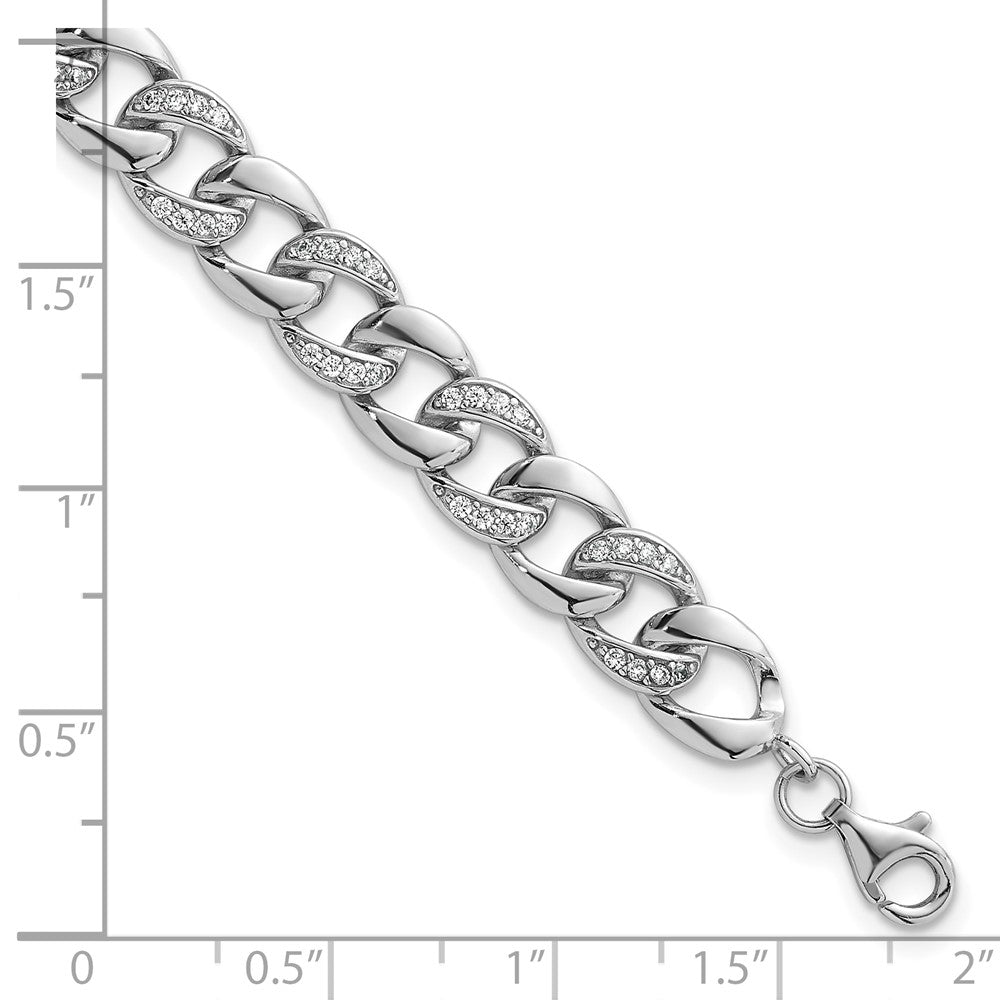 Sterling Silver Rhodium Plated Polished CZ 8mm Curb Link 7in W/ 1.5in Ext Bracelet