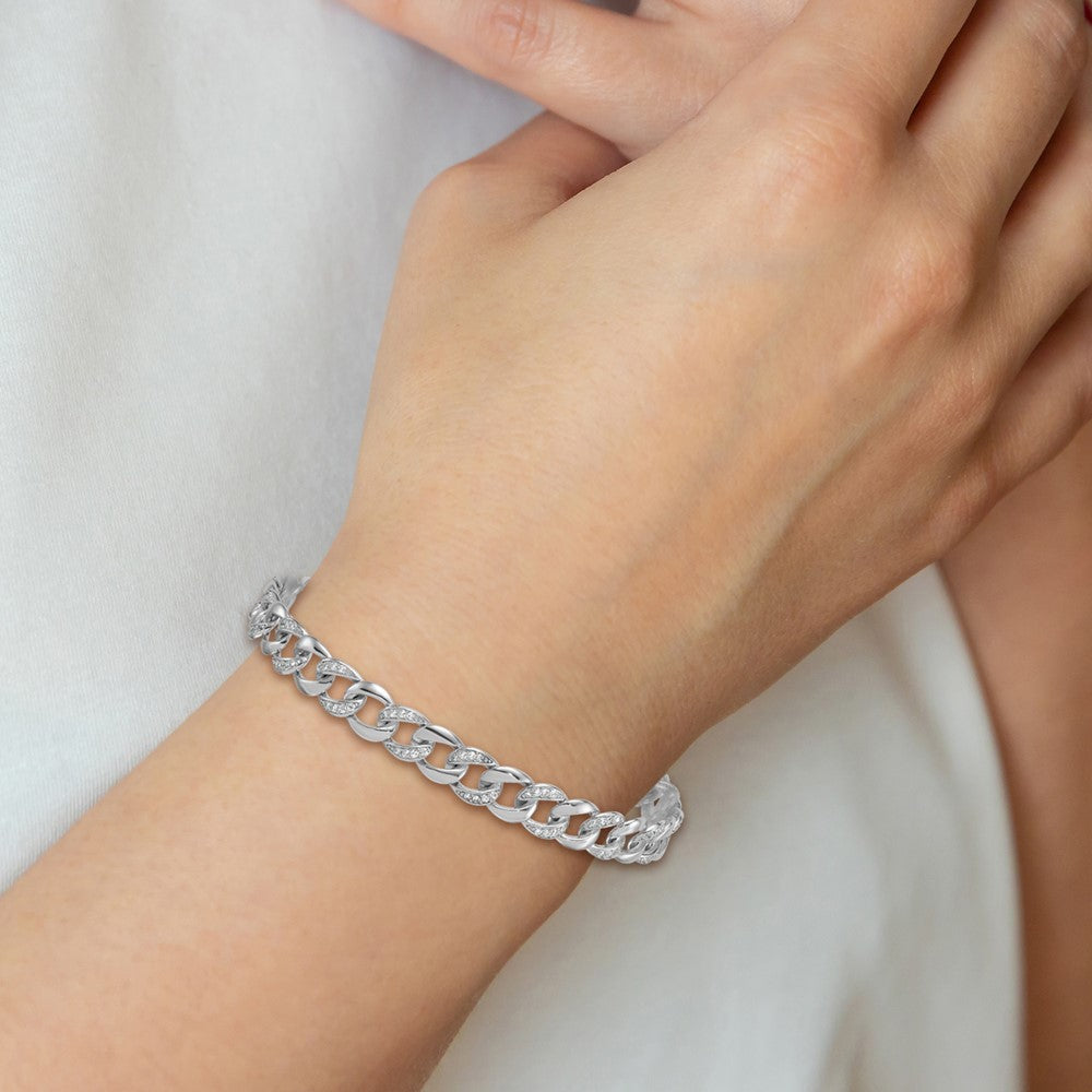 Sterling Silver Rhodium Plated Polished CZ 8mm Curb Link 7in W/ 1.5in Ext Bracelet