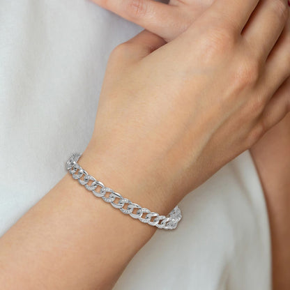 Sterling Silver Rhodium Plated Polished CZ 8mm Curb Link 7in W/ 1.5in Ext Bracelet