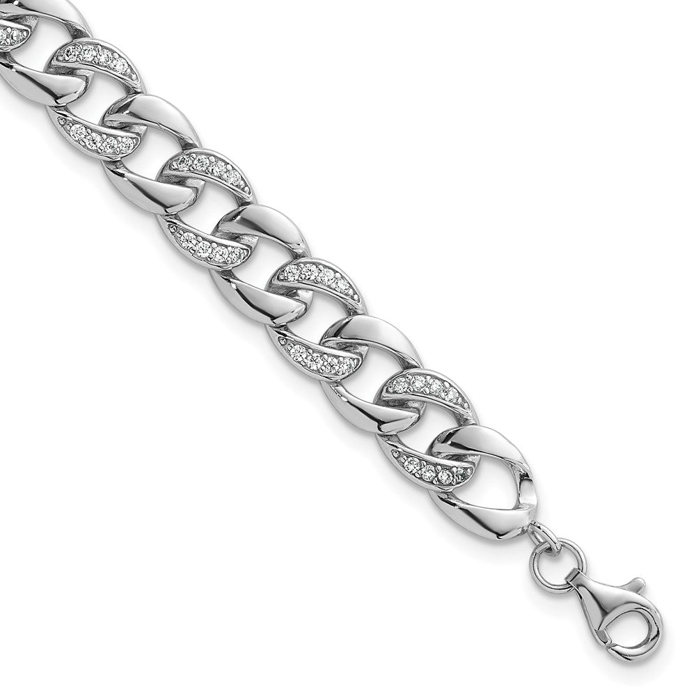 Sterling Silver Rhodium Plated Polished CZ 8mm Curb Link 7in W/ 1.5in Ext Bracelet