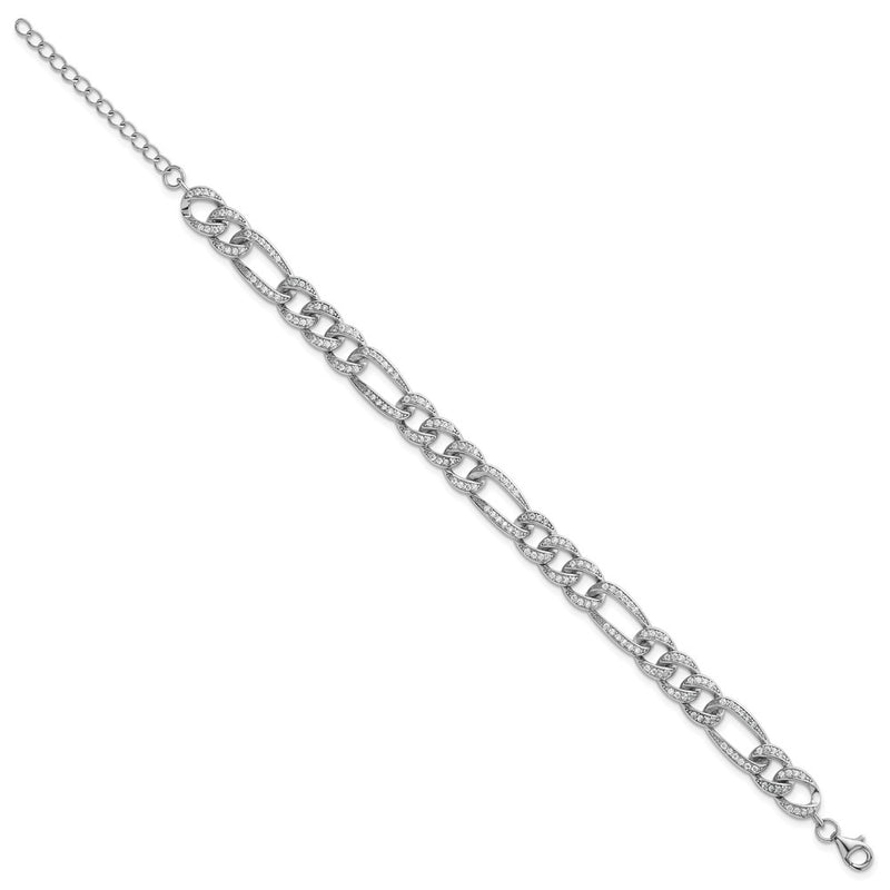 Sterling Silver Rhodium Plated Polished CZ 8.5mm Figaro Link 7in W/ 1.5in Ext Bracelet