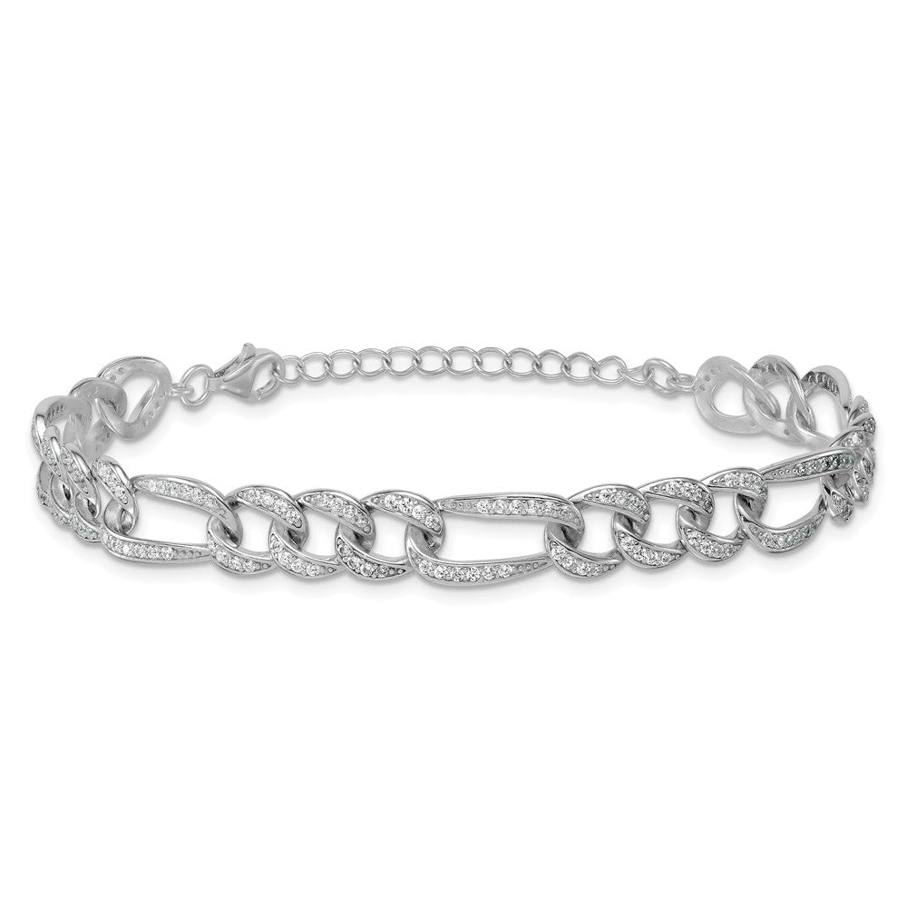 Sterling Silver Rhodium Plated Polished CZ 8.5mm Figaro Link 7in W/ 1.5in Ext Bracelet