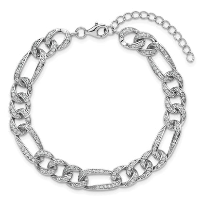 Sterling Silver Rhodium Plated Polished CZ 8.5mm Figaro Link 7in W/ 1.5in Ext Bracelet