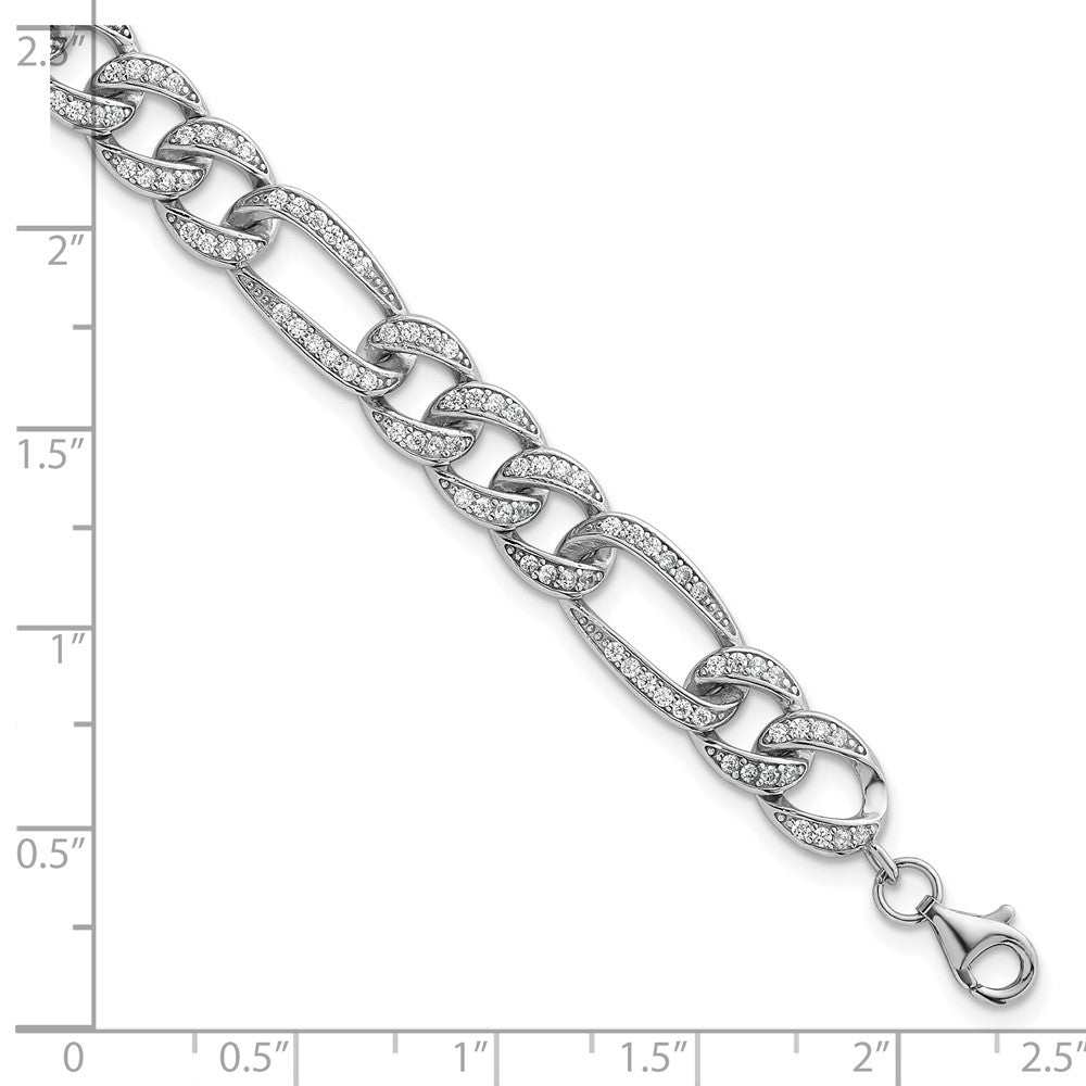 Sterling Silver Rhodium Plated Polished CZ 8.5mm Figaro Link 7in W/ 1.5in Ext Bracelet