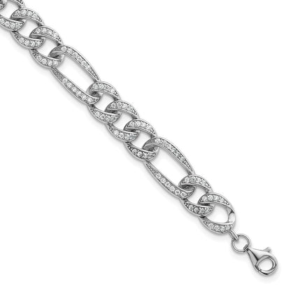 Sterling Silver Rhodium Plated Polished CZ 8.5mm Figaro Link 7in W/ 1.5in Ext Bracelet