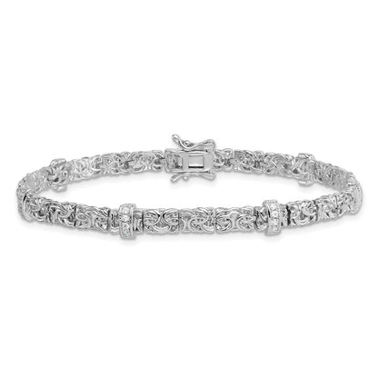 Sterling Silver Rhodium Plated Polished CZ Byzantine Link 7.75in Bracelet