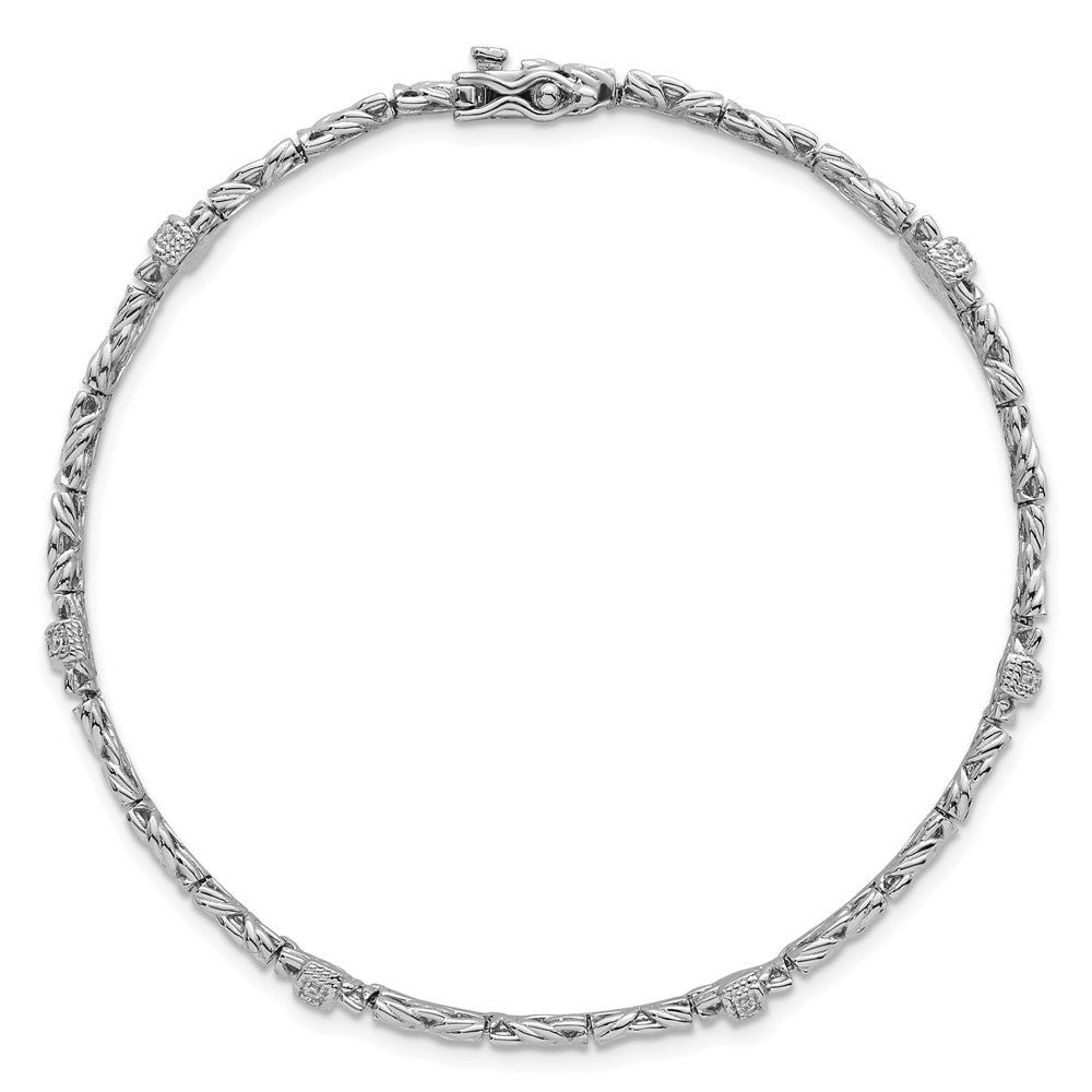 Sterling Silver Rhodium Plated Polished CZ Byzantine Link 7.75in Bracelet