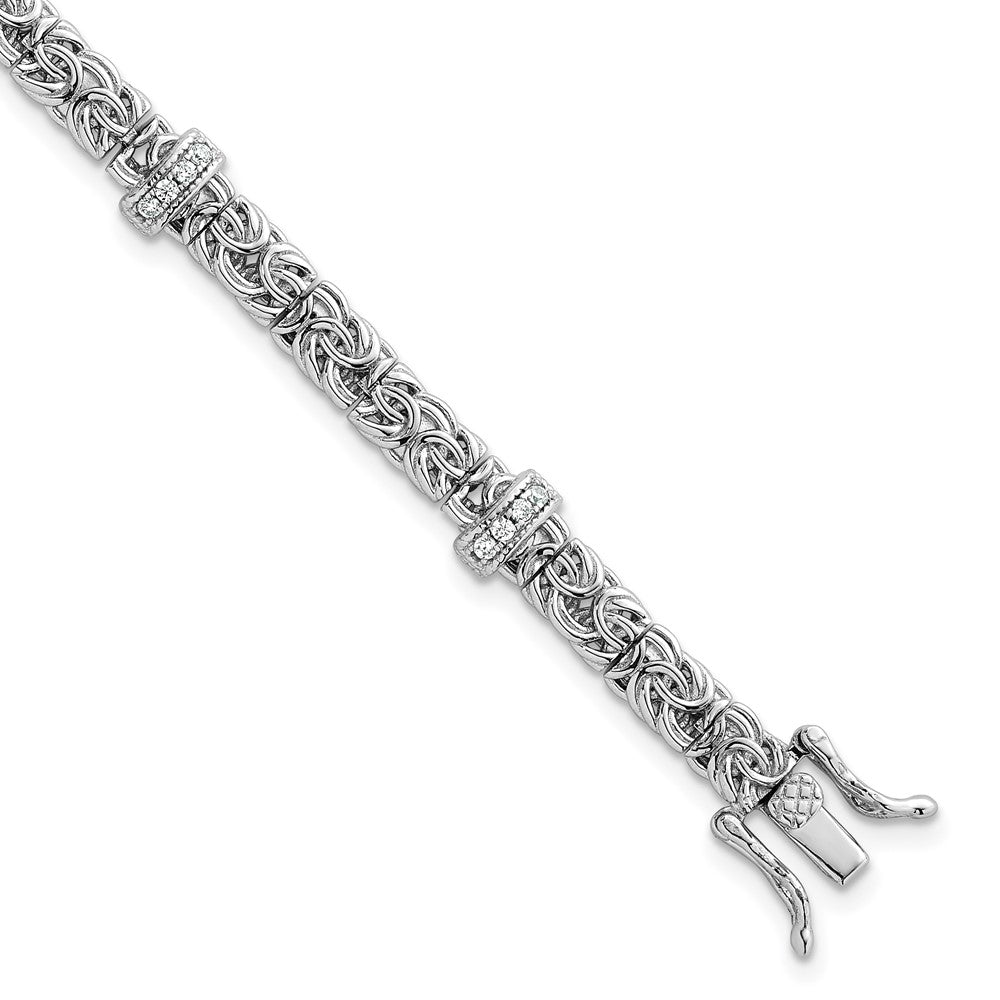 Sterling Silver Rhodium Plated Polished CZ Byzantine Link 7.75in Bracelet