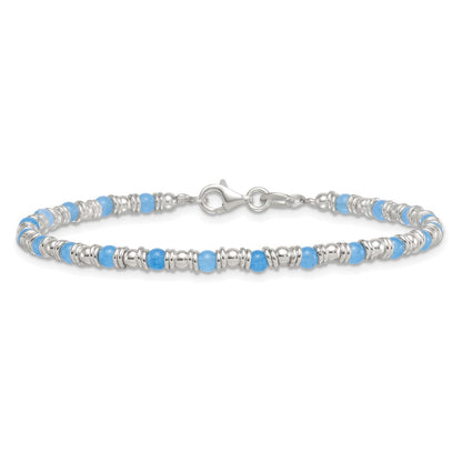 Sterling Silver Polished Blue Agate Beaded Bracelet