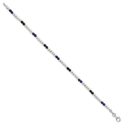 Sterling Silver Polished Blue Agate and Spinel Beaded Bracelet
