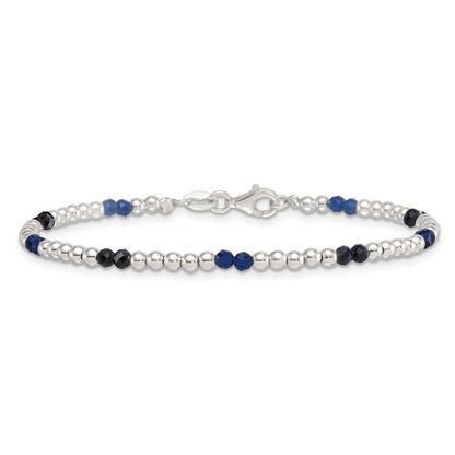 Sterling Silver Polished Blue Agate and Spinel Beaded Bracelet