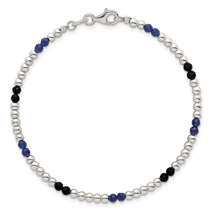 Sterling Silver Polished Blue Agate and Spinel Beaded Bracelet