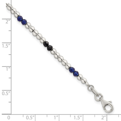 Sterling Silver Polished Blue Agate and Spinel Beaded Bracelet