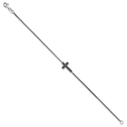 Sterling Silver Polished and Antiqued Black CZ Cross 7.5in Bracelet