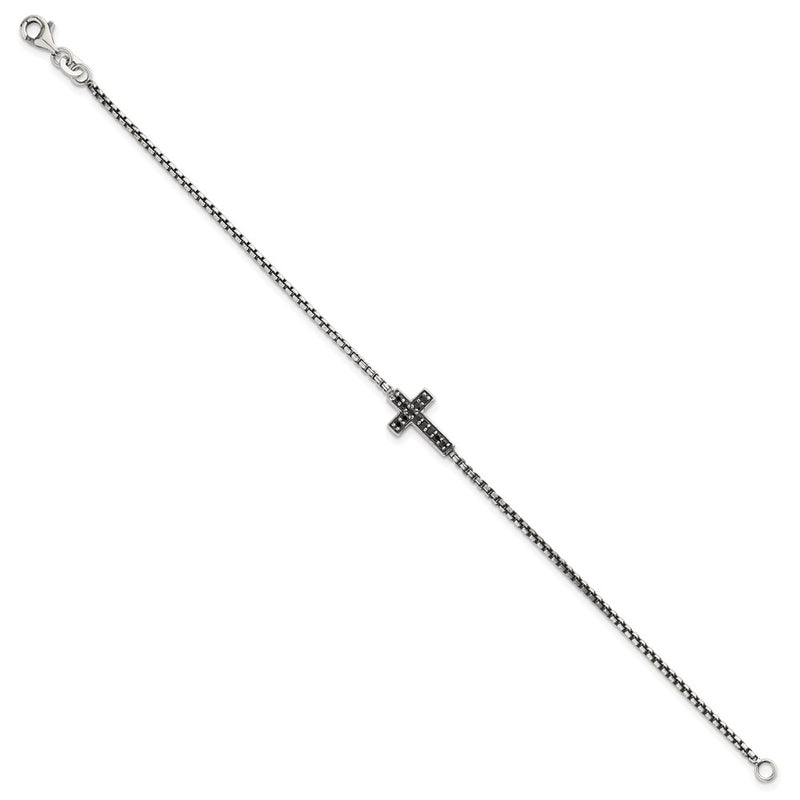 Sterling Silver Polished and Antiqued Black CZ Cross 7.5in Bracelet