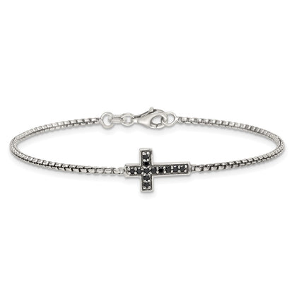Sterling Silver Polished and Antiqued Black CZ Cross 7.5in Bracelet