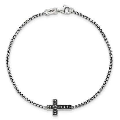 Sterling Silver Polished and Antiqued Black CZ Cross 7.5in Bracelet