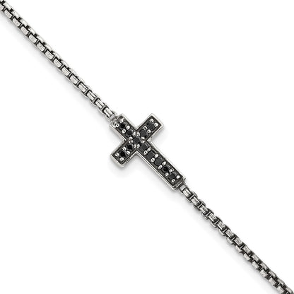 Sterling Silver Polished and Antiqued Black CZ Cross 7.5in Bracelet