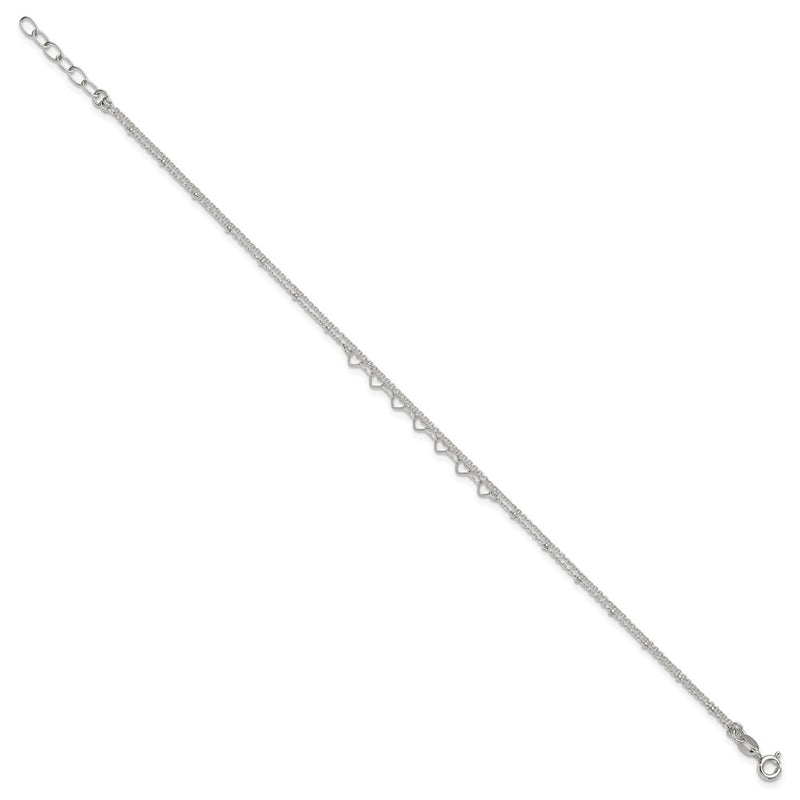 Sterling Silver Polished and Beaded Hearts 2-Strand 9in Plus 1in Ext Anklet