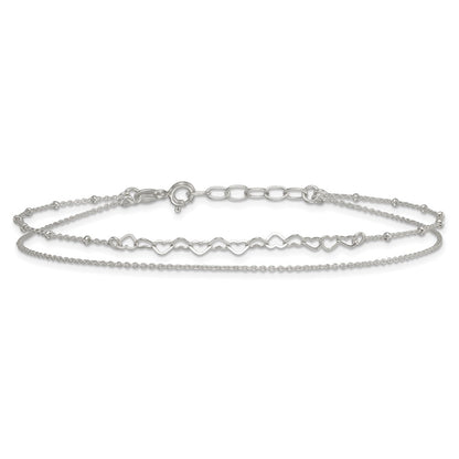 Sterling Silver Polished and Beaded Hearts 2-Strand 9in Plus 1in Ext Anklet