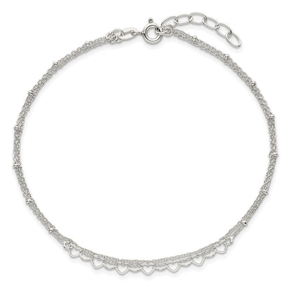 Sterling Silver Polished and Beaded Hearts 2-Strand 9in Plus 1in Ext Anklet