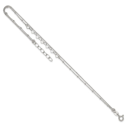 Sterling Silver Polished and Beaded Hearts 2-Strand 9in Plus 1in Ext Anklet