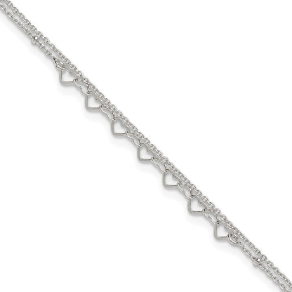 Sterling Silver Polished and Beaded Hearts 2-Strand 9in Plus 1in Ext Anklet