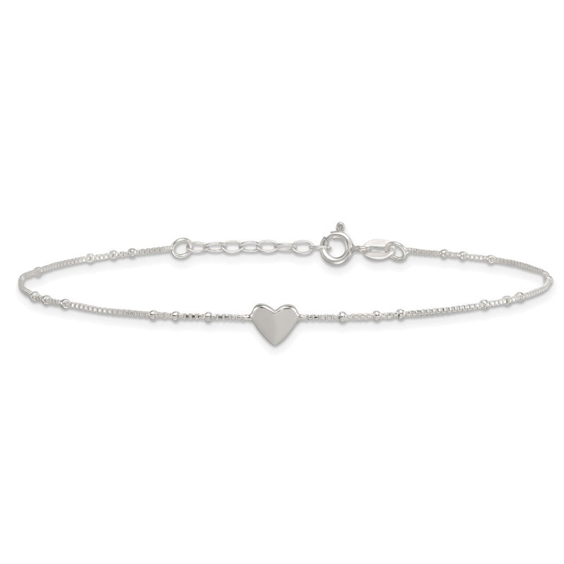 Sterling Silver Polished and Beaded Heart 9in Plus 1in Ext Anklet